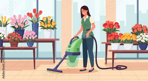 Woman Vacuuming Floor with Vacuum Cleaner.