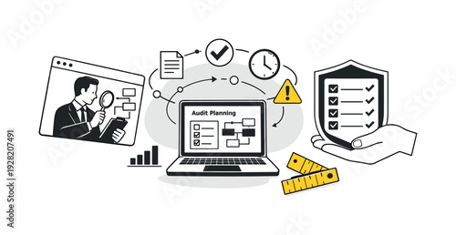 Modern minimal flat vector conceptual collage, crisp hard edges, consistent THIN outline stroke, rounded corners where needed,