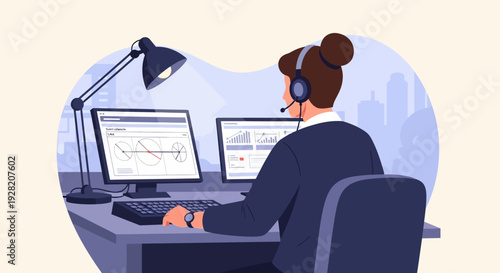 Woman Wearing Headset Working on Computer.