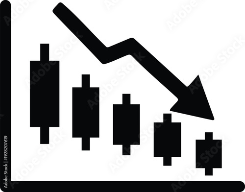 Stock market financial decline graph with candlestick chart and down arrow trend indicator for falling economy  business and finance concept