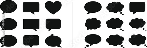 Black silhouettes of speech bubbles thought bubbles and heart shape on white background talk bubble chat bubble