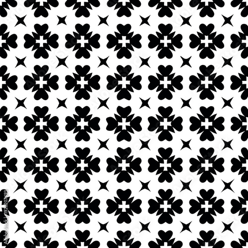 Seamless Black and White Geometric Pattern Featuring Stylized Four-Leaf Clovers and Polka Dots