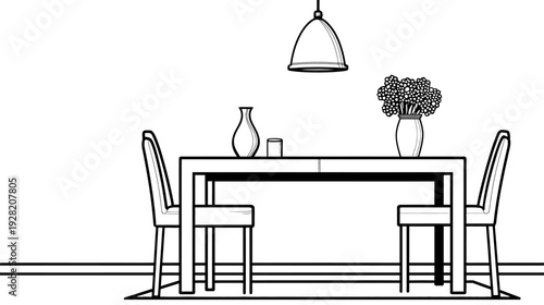 Elegant Black and White Line Art Illustration of a Modern Dining Room Interior with Table, Chairs, Pendant Light, and Decor