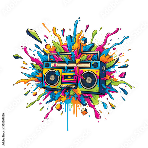 Vibrant retro boombox vector with colorful paint splashes and geometric explosions. Dynamic street art illustration in graffiti style for music posters, party flyers, and urban apparel.
