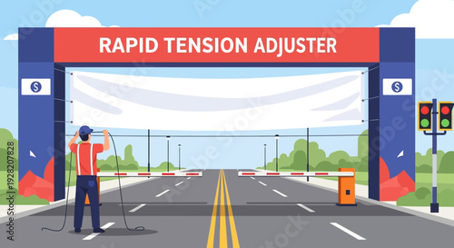 Worker Adjusting Tension on Road Sign.