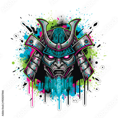 Cyberpunk samurai mask vector with glowing pink eyes and neon teal accents. Futuristic ronin mascot in graffiti style with paint splashes for gaming logos, esports, and urban apparel.