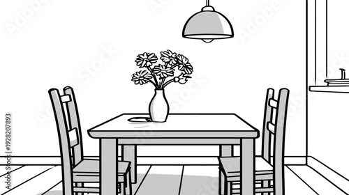 Monochrome illustration of a cozy dining room interior with a wooden table, two chairs, a vase of flowers, and a lamp.
