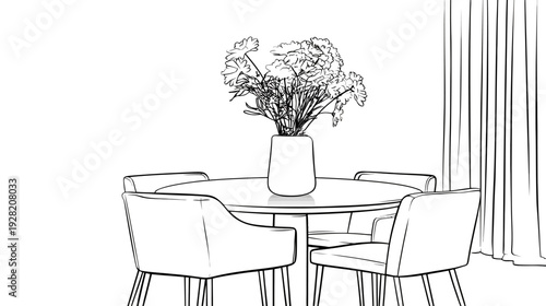 Elegant line art illustration of a modern dining table with four chairs and a vase of flowers, minimalist home interior decor.