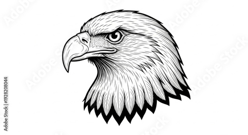 High Contrast Engraving Inspired Artwork of a Predatory Eagle Head in Profile View Showcasing Professional Graphic Design Line Art Style