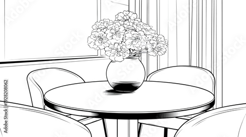 Black and white line art illustration of an elegant minimalist cafe or restaurant interior with a round table, chairs, and flowers.