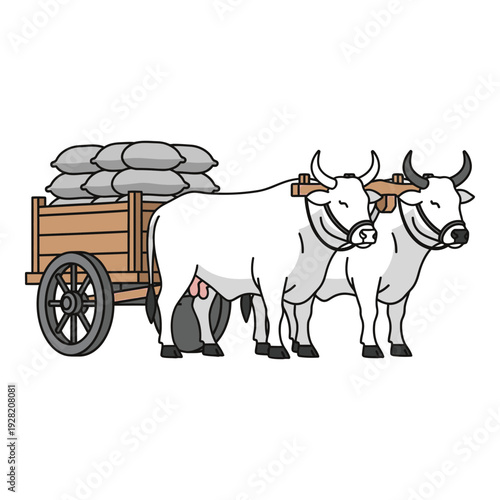 Two white oxen pulling a wooden cart with gray sacks on it icon