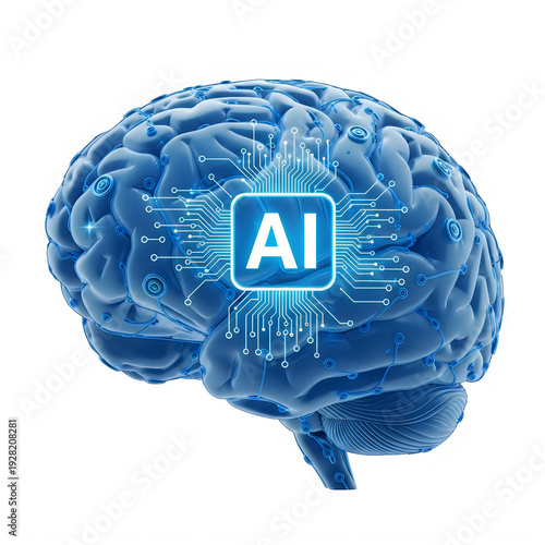 Digital illustration of a brain with ai symbol, isolated on transparent background