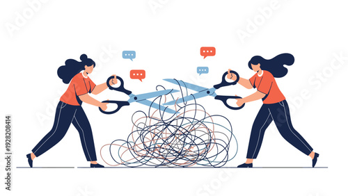 Two women work together to cut through a messy tangle of lines using giant scissors, representing problem solving, simplifying tasks, and order.