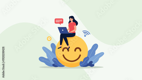 Young woman works on her laptop while sitting comfortably on a large yellow smiley face, representing remote work flexibility and job satisfaction.