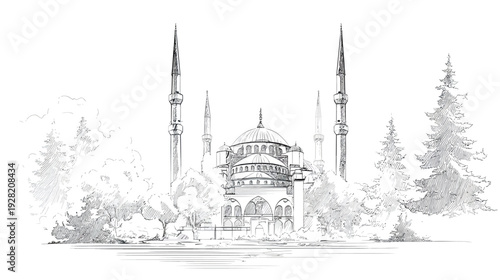 Detailed monochrome pencil drawing of a grand mosque with minarets, domes, and surrounding trees. Architectural hand-drawn sketch.