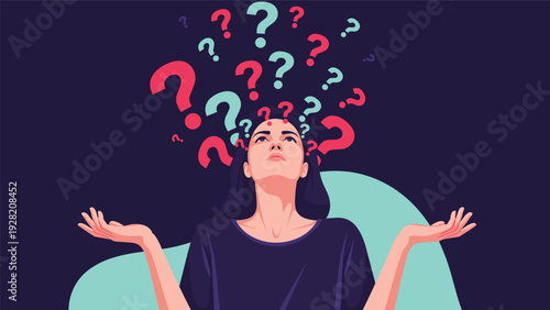 Young woman looks upwards with a confused expression as multiple colorful question marks float above her, representing curiosity and uncertainty.