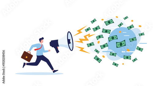 Businessman runs with a megaphone as money bills fly out in every direction, representing aggressive marketing, advertising, and high profit growth.