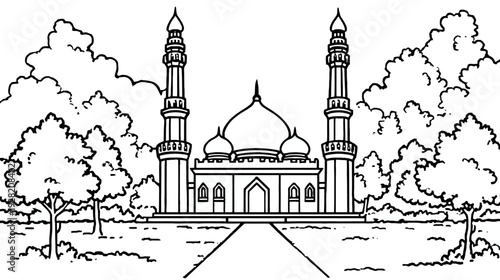 Detailed line art illustration of a mosque with elegant minarets and a central dome, surrounded by lush trees, perfect for coloring.