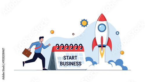 Businessman runs toward a calendar marked start business as a rocket ship takes off, representing the launch of a new venture and management.