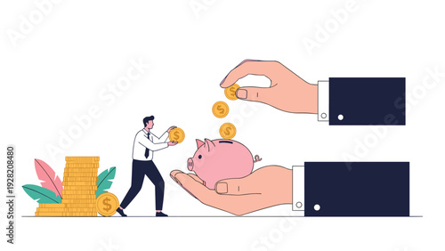 Man puts gold coins into a pink piggy bank supported by a giant hand, representing wealth accumulation, personal savings, and financial growth.