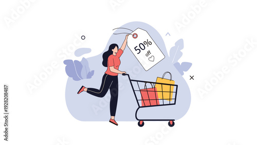 Excited woman pushes a shopping cart while reaching for a large fifty percent off discount tag, representing retail sales, consumerism, and deals.