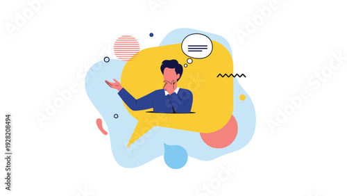 Man inside a speech bubble thinks deeply with various icons around him, representing internal communication, strategy development, and ideas.