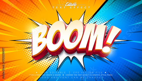 Comic Boom Editable Text Effect Design Illustrator Graphic Style with Customizable Colorful 3d Cartoon Font on Retro Background. Vector Premium Typography Lettering Illustration Template for Greeting
