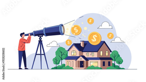 Man looks through a telescope at gold coins floating over a suburban house, representing real estate investment, home searching, and finance.