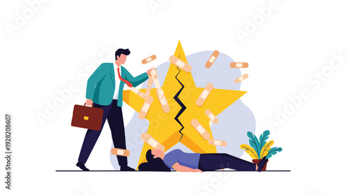 Businessman applies bandages to a large broken star while a woman lies down, representing reputation repair, crisis management, and recovery.