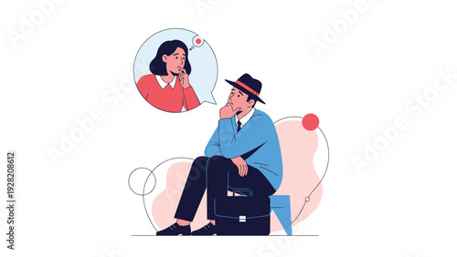 Man sits in a thoughtful pose while thinking about a woman in a thought bubble, representing relationships, memories, and deep contemplation.