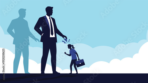 Silhouette of a large businessman reaching down to a young girl with a briefcase, representing mentorship, corporate power, and family legacy.