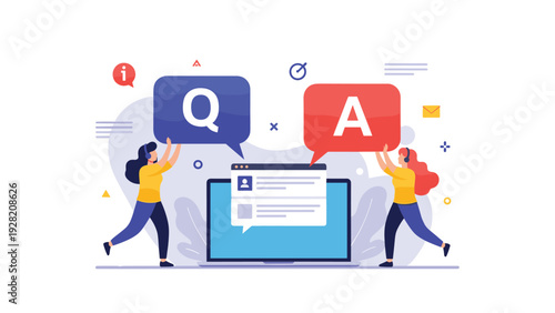 Two women hold up large Q and A speech bubbles over a laptop screen, representing online support, community engagement, and digital help.