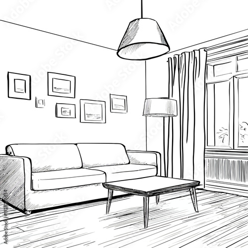 Hand-drawn sketch illustration of a modern minimalist living room interior. Black and white drawing of cozy home space with furniture and window.