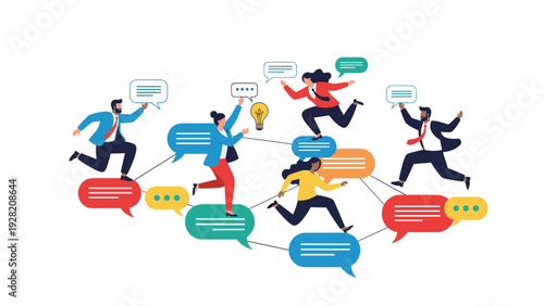 Group of diverse business professionals jump and run between connected speech bubbles, representing networking, teamwork, and communication.