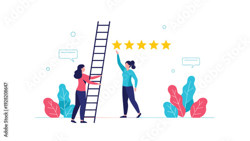 Woman stands on a ladder to reach for a five star rating while a colleague watches, representing quality achievement, feedback, and excellence.