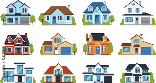 Set of diverse residential house vector illustrations featuring various architectural styles from classic suburban homes to modern luxury villas isolated on white