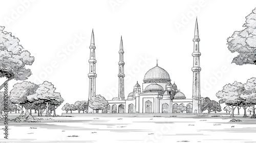 Detailed black and white illustration of a grand mosque with minarets and dome, depicting Islamic architecture and sacred place of worship.