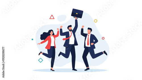 Group of enthusiastic business professionals jump for joy with a briefcase, representing successful teamwork, career victory, and celebration.