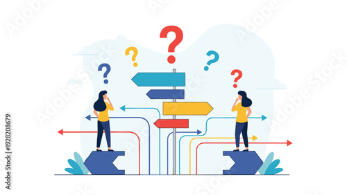 Two women stand on arrow bases looking at a signpost with many directions, representing career choices, decision making, and uncertainty.