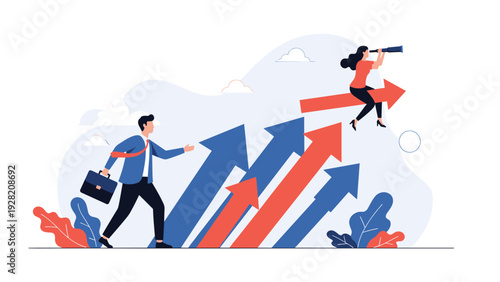 Businessman runs while a woman sits on a giant rising arrow with binoculars, representing team leadership, visionary direction, and growth.