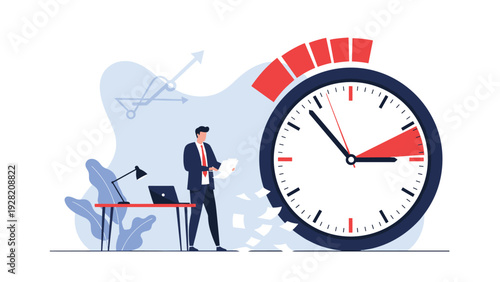 Disciplined professional working next to a giant alarm clock, symbolizing deadline pressure, productivity, and efficient time management.