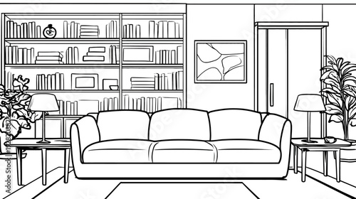Cozy modern living room interior line art illustration with comfortable sofa, bookshelf, and plants. Black and white outline drawing.