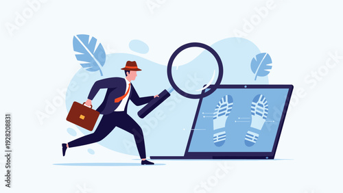 Professional using a magnifying glass to track digital footprints on a laptop, representing cybersecurity, data analysis, and investigation.