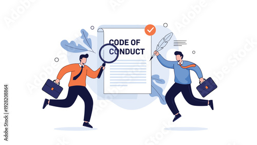 Professionals examining a code of conduct document with a magnifying glass and quill, representing corporate ethics and compliance.