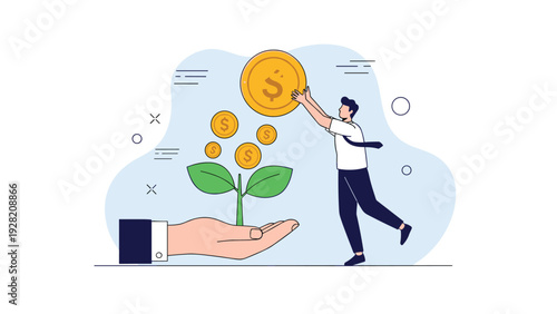 Businessman reaching for a large coin growing from a plant held by a hand, representing investment growth and financial nurturing.