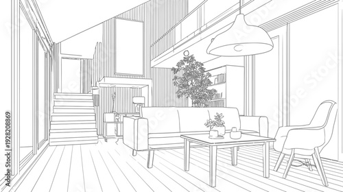 Architectural line drawing of a modern minimalist living room interior. Open plan home design sketch with contemporary furniture.