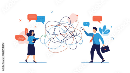 Two professionals untangling a messy knot of lines and speech bubbles, representing conflict resolution and clear business communication.