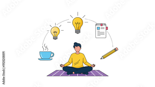 Person meditating with business icons like lightbulbs and coffee, representing mindfulness, productivity, and stress management at work.