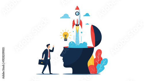 Businessman witnessing a rocket launch from an open human head, symbolizing explosive creativity, startup innovation, and new ideas.