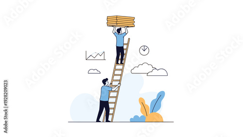 Two workers helping each other climb a tall ladder while carrying boxes, representing teamwork, support, and professional advancement.